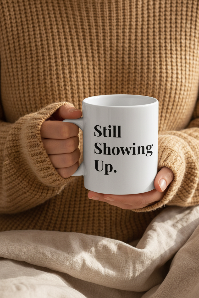 Hands wrapped around Still Showing Up mug in cozy knit sweater
