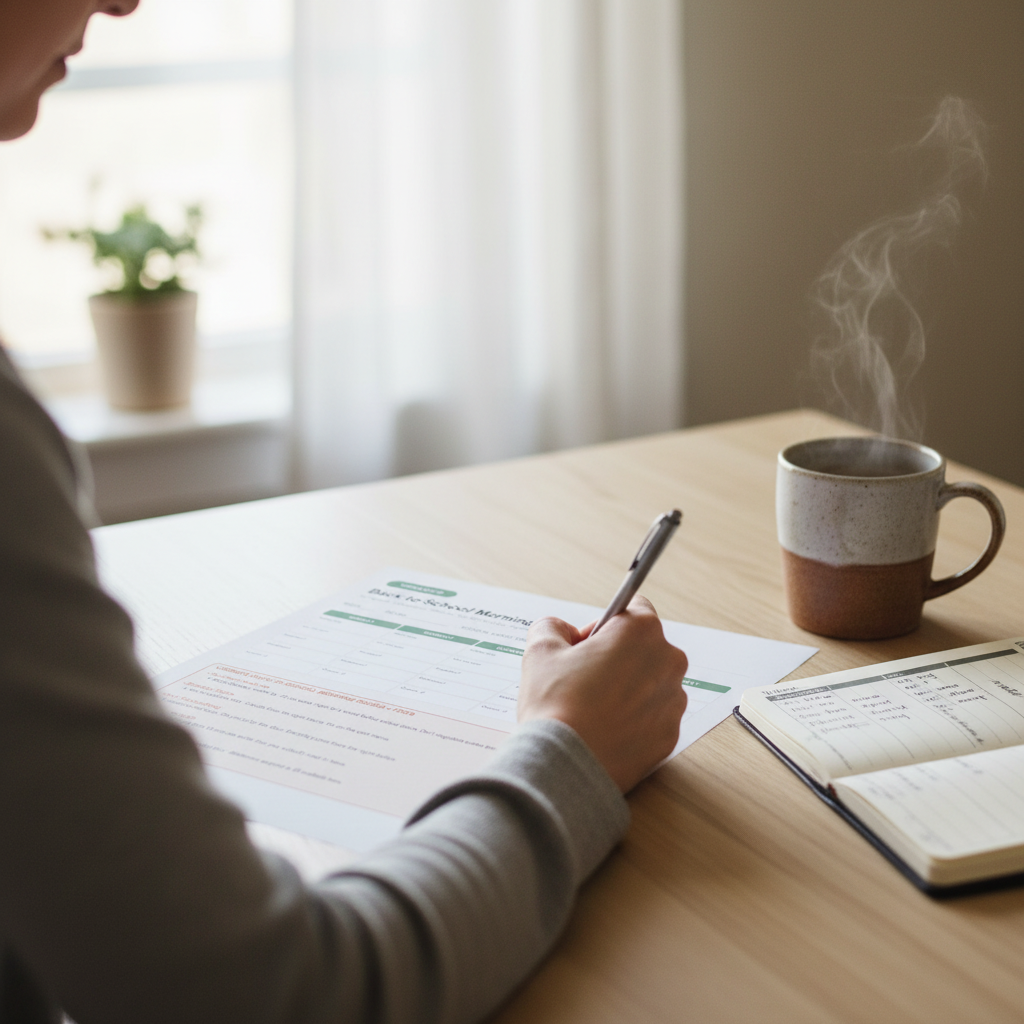 Close-up of mom's hand writing in morning routine builder worksheet with coffee mug in background