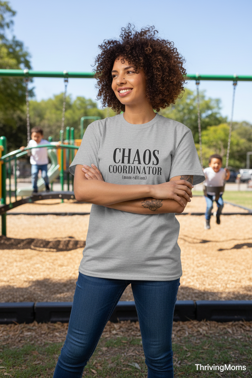 Chaos Coordinator Mom Edition T-Shirt in Heather Gray — confident mom at playground — ThrivingMoms