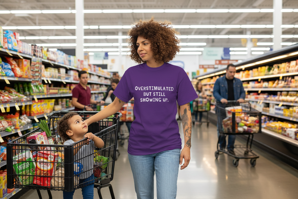 Overstimulated But Still Showing Up T-Shirt in Purple — relaxed fit, says it out loud — ThrivingMoms