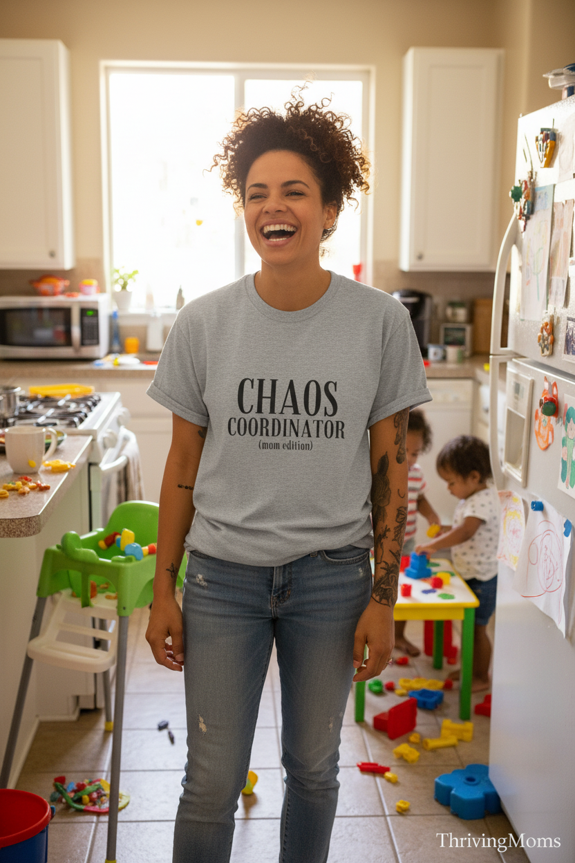 Chaos Coordinator Mom Edition T-Shirt in Heather Gray — mom laughing in kitchen — ThrivingMoms