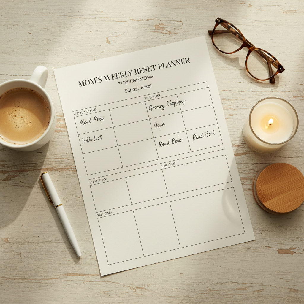 Flat lay of Mom's Weekly Reset Planner printed worksheets with coffee, pen, candle, and reading glasses on light wood desk