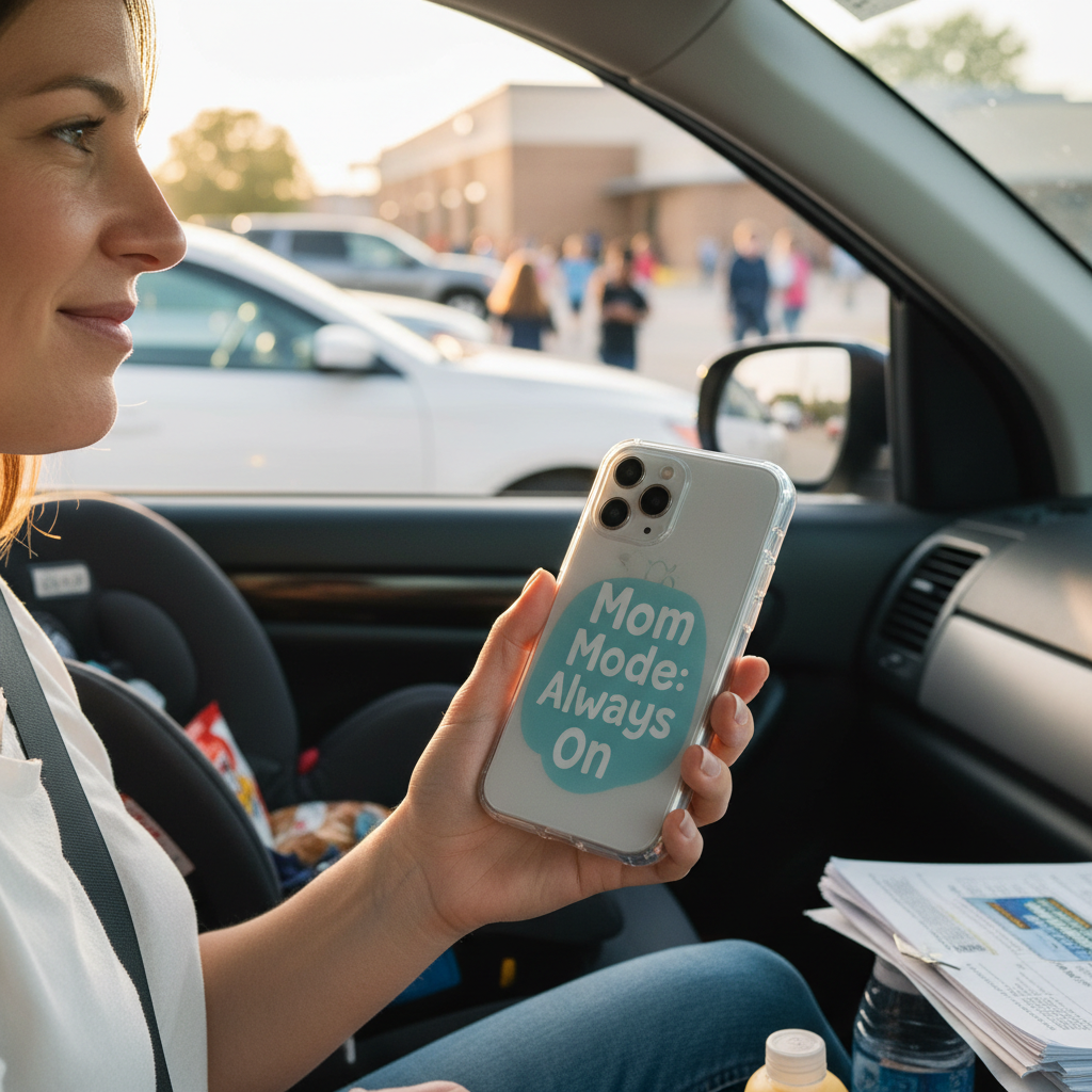 Mom holding Mom Mode Always On phone case in car at school pickup line