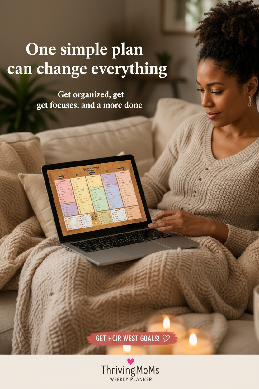 Mom on couch with tablet showing cork board weekly planner