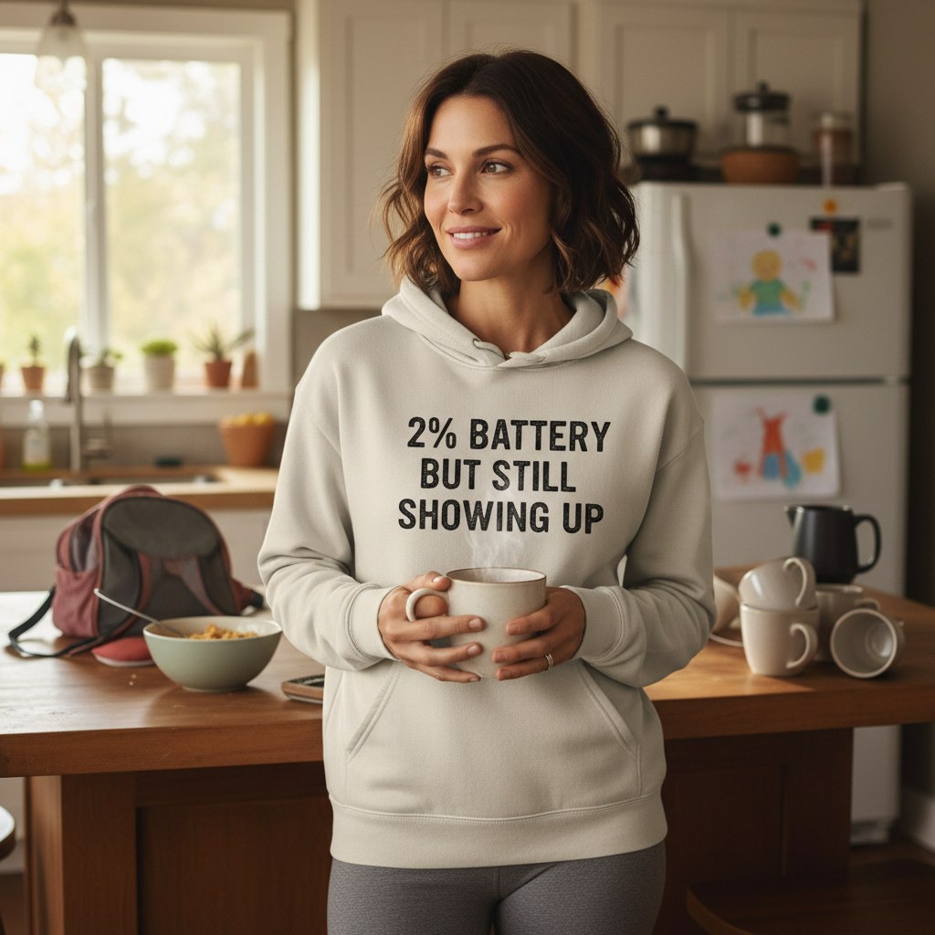 Mom wearing 2% Battery But Still Showing Up hoodie holding coffee in kitchen