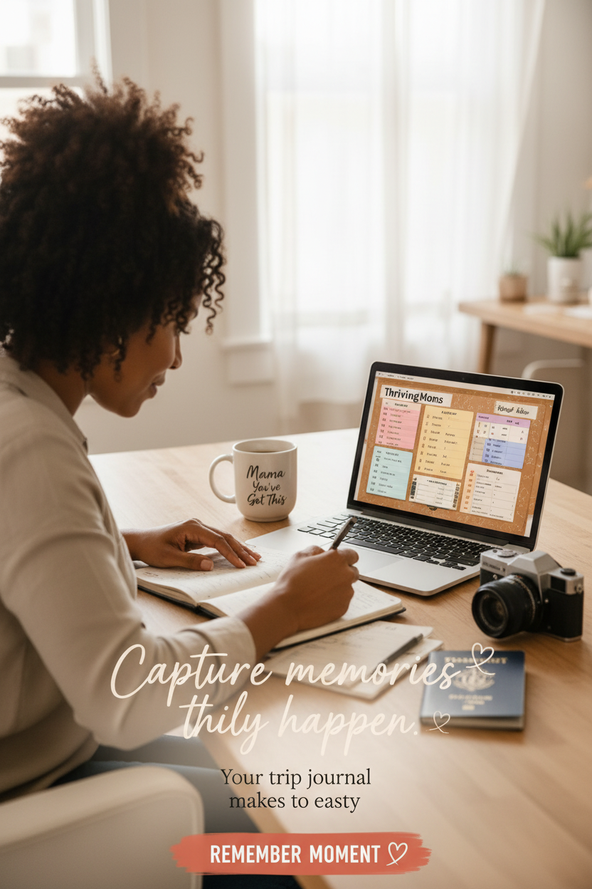 Mom journaling with camera and passport beside ThrivingMoms travel planner