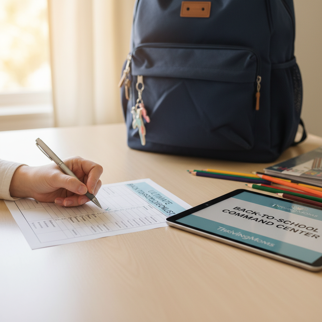 Close-up of mom's hand checking off back-to-school supply list with backpack and colored pencils in background