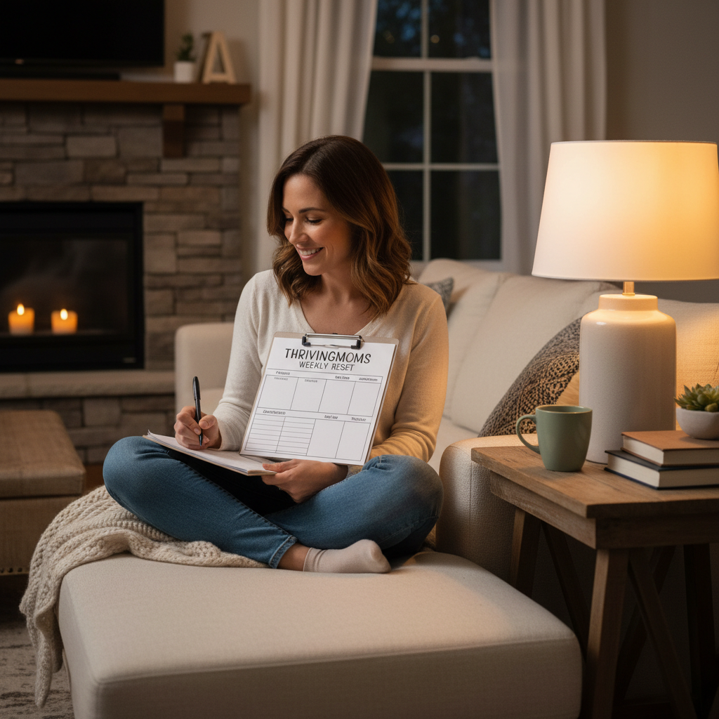 Mom on couch filling out weekly reset planner on clipboard with soft lamp light on a Sunday evening