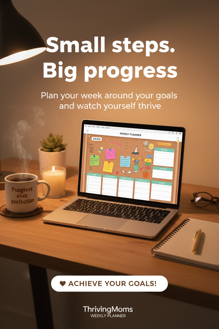 Cozy desk flat lay with laptop showing weekly planner and candle