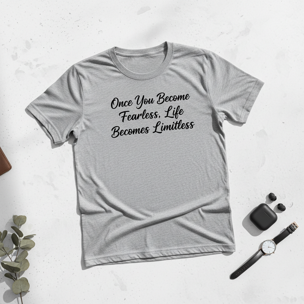 Fearless Limitless inspirational t-shirt athletic heather grey flat lay