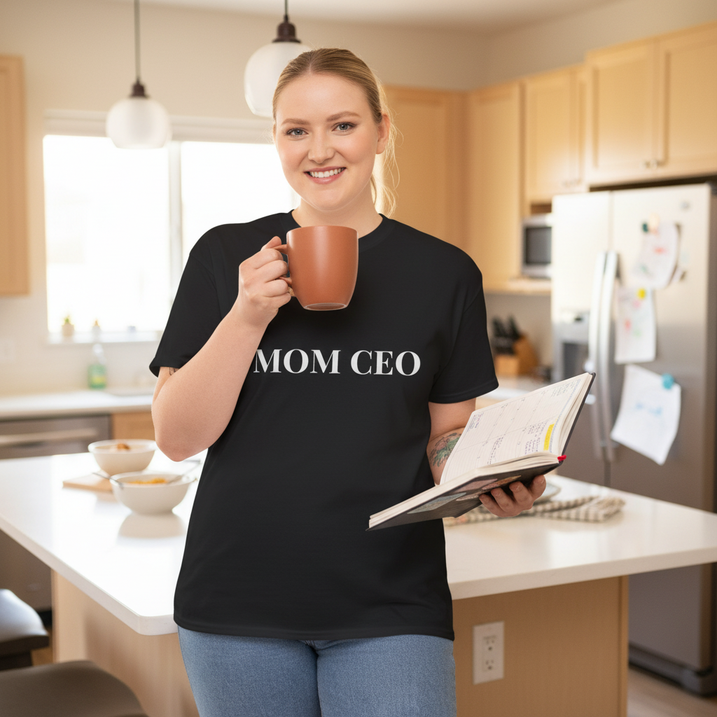 Confident mom wearing black Mom CEO t-shirt in kitchen holding planner and coffee