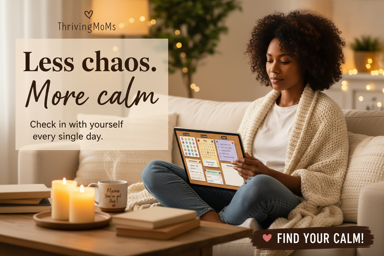 Mom on couch with tablet showing cork board daily planner mood tracker