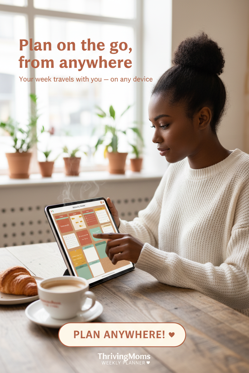 Woman at café with tablet showing weekly planner