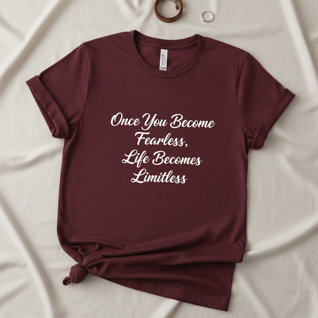 Fearless Limitless inspirational t-shirt maroon flat lay