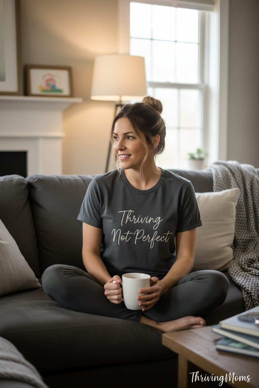 Thriving Not Perfect T-Shirt in Charcoal — mom relaxing on couch with coffee — ThrivingMoms