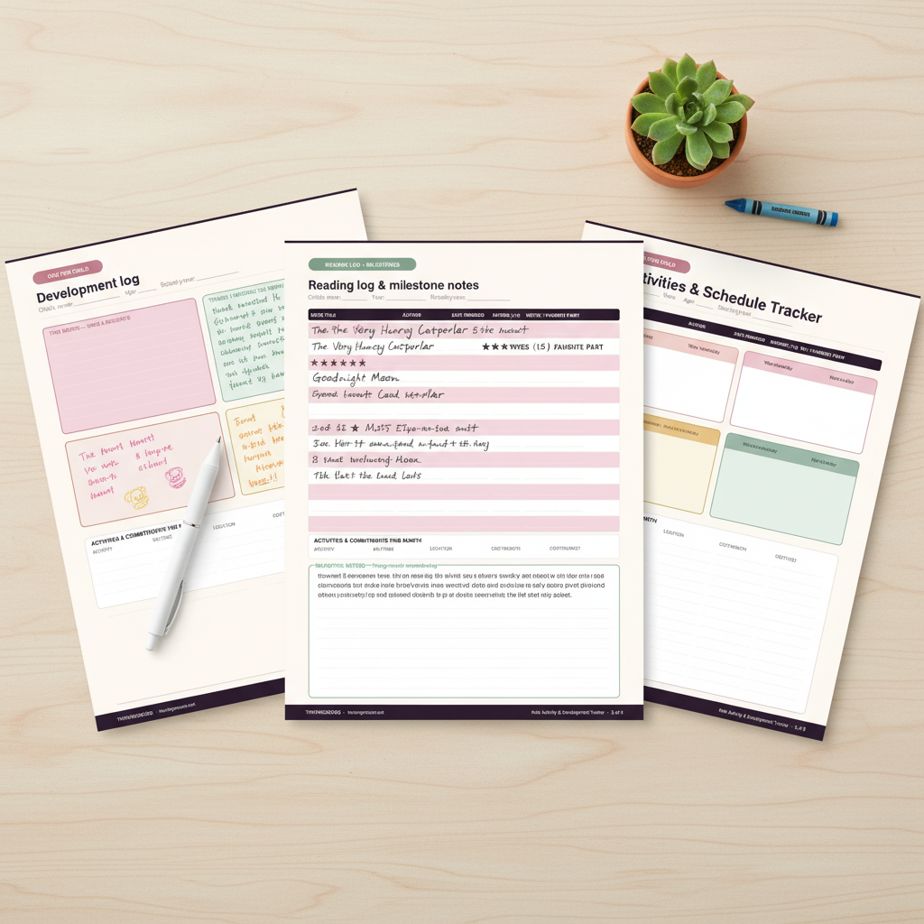 Flat lay of all 3 Kids Activity and Development Tracker printed pages with pen, plant, and crayon on light surface