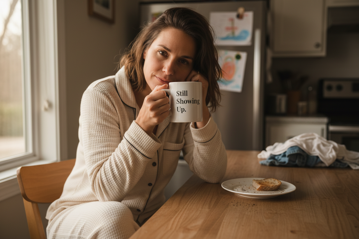 Woman in pajamas holding Still Showing Up mug at kitchen table in soft morning light