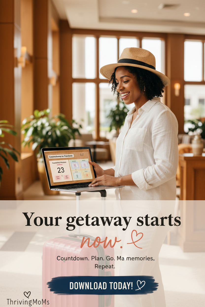 Confident mom with pink suitcase and laptop showing travel planner countdown