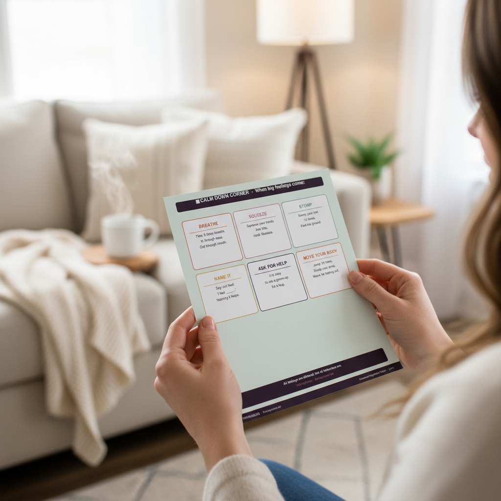 Close-up of mom's hands holding a printed emotional regulation prompt card in a cozy living room