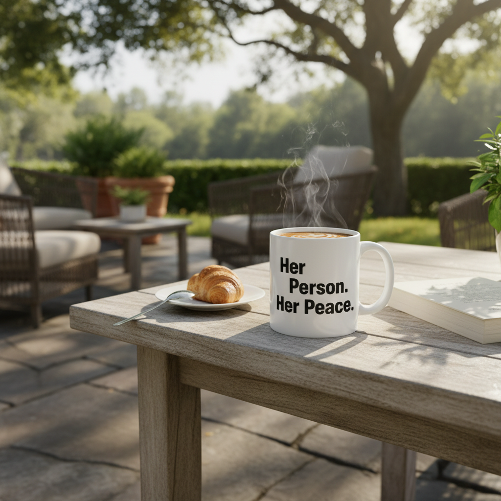 Her Person Her Peace 11oz Mug — outdoor patio morning coffee, soft sunlight — ThrivingMoms