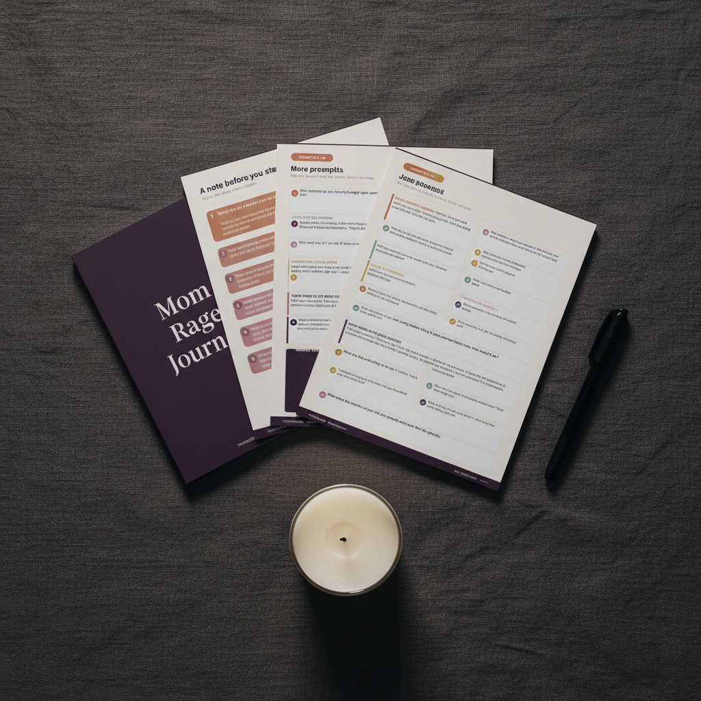 Flat lay of all 5 Mom Rage Journal printed pages on dark linen surface with pen and candle