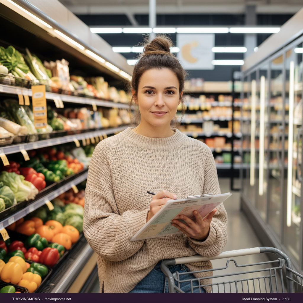 Mom in grocery store aisle confidently checking items off printed weekly grocery template organized by section