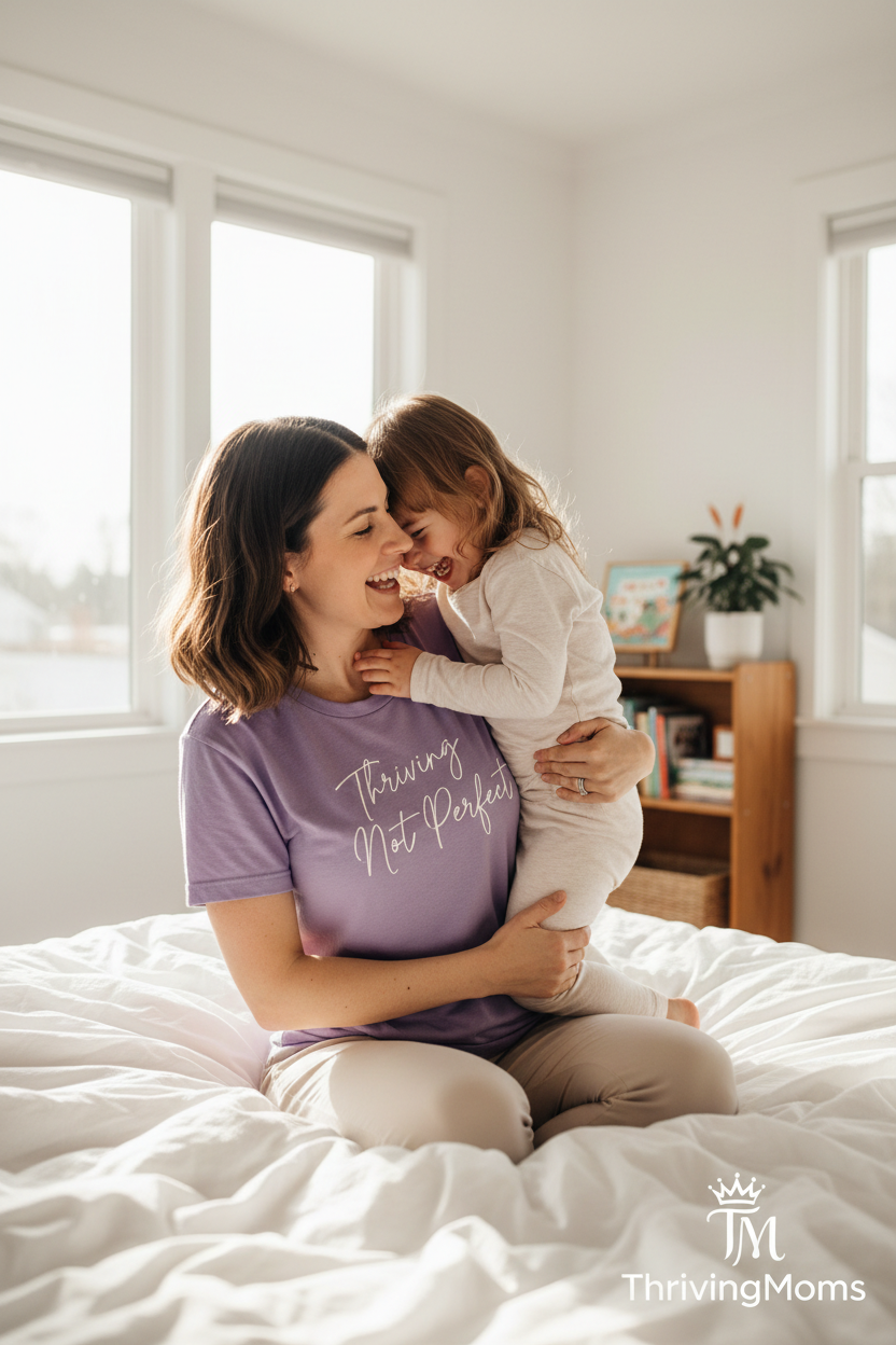 Thriving Not Perfect T-Shirt in Purple — mom hugging child — ThrivingMoms