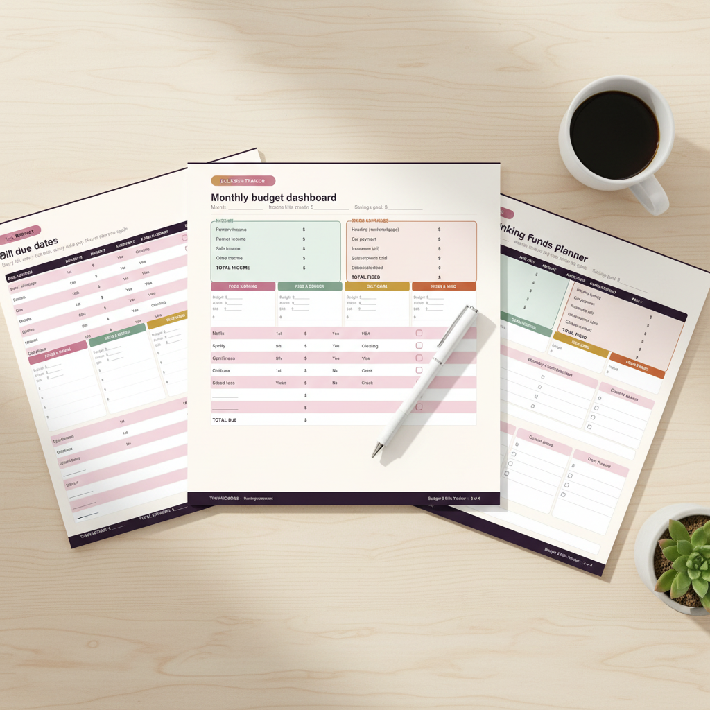 Flat lay of budget and bills tracker printed worksheets including monthly dashboard and sinking funds planner with coffee and succulent