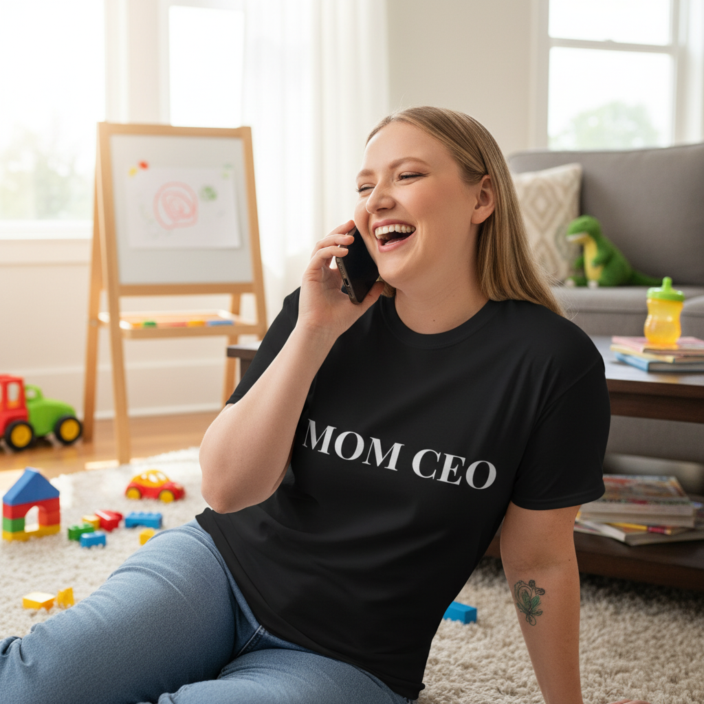 Mom in black Mom CEO t-shirt laughing on phone call with kids toys in background