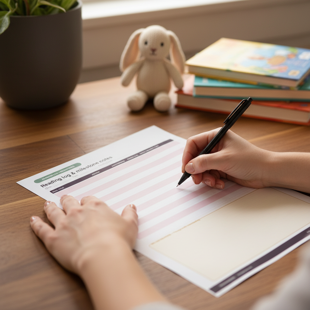 Close-up of mom's hand writing in reading log and milestone notes worksheet with children's books in background