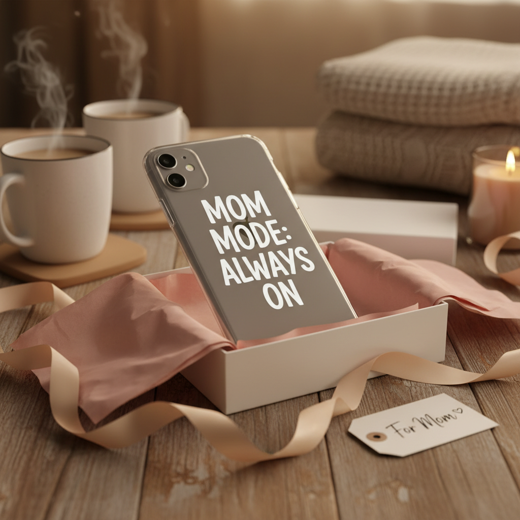 Mom Mode Always On phone case in open gift box with ribbon and tissue paper