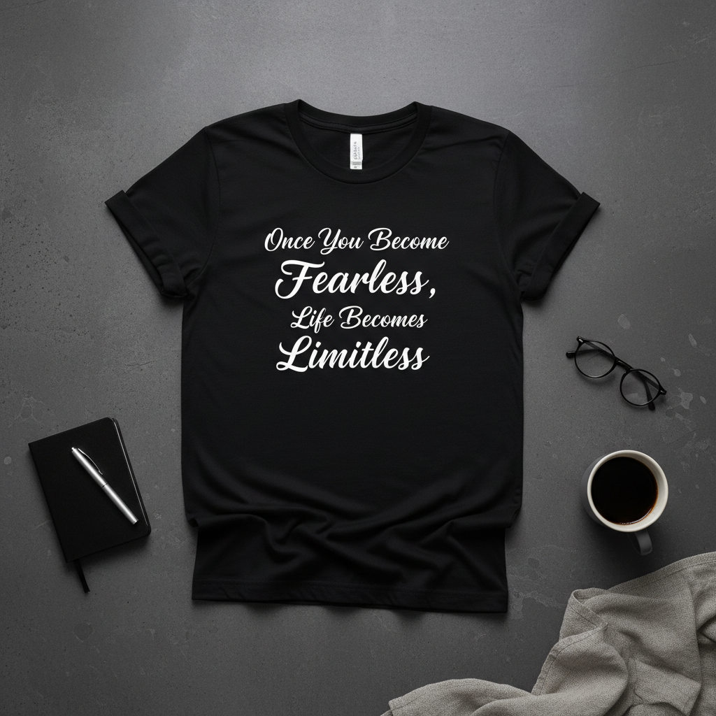 Fearless Limitless inspirational t-shirt black flat lay