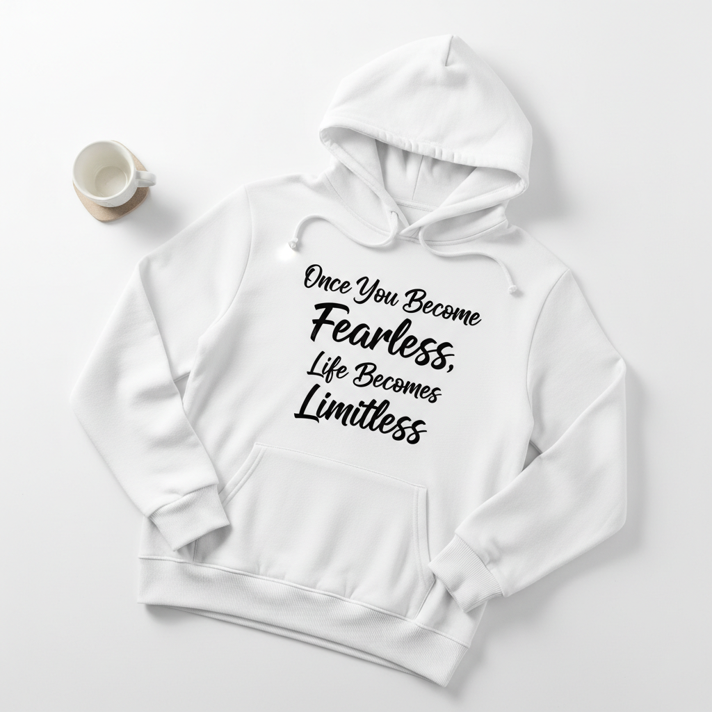 Fearless Limitless white pullover hoodie flat lay front view
