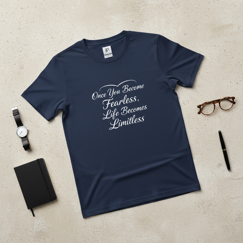 Fearless Limitless inspirational t-shirt navy flat lay