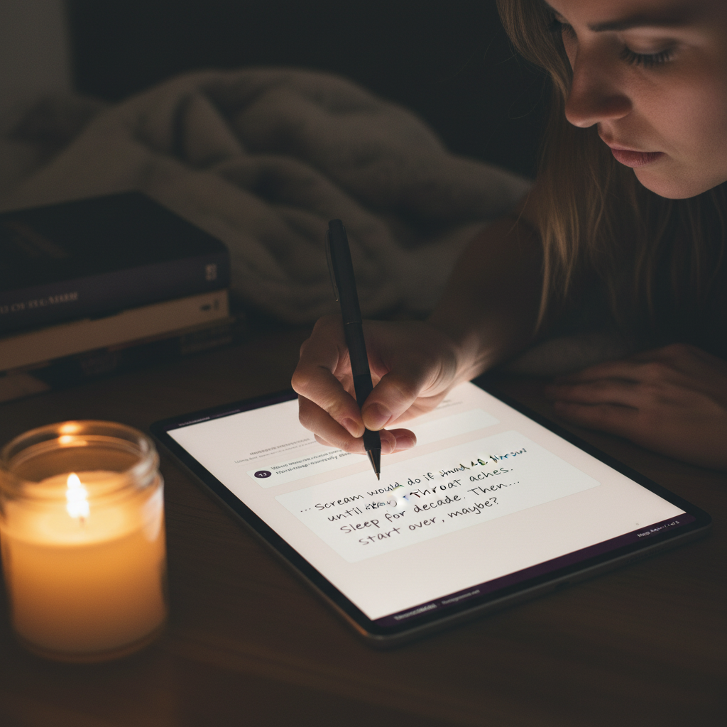 Close-up of mom's hand writing in Mom Rage Journal prompts worksheet by warm candlelight