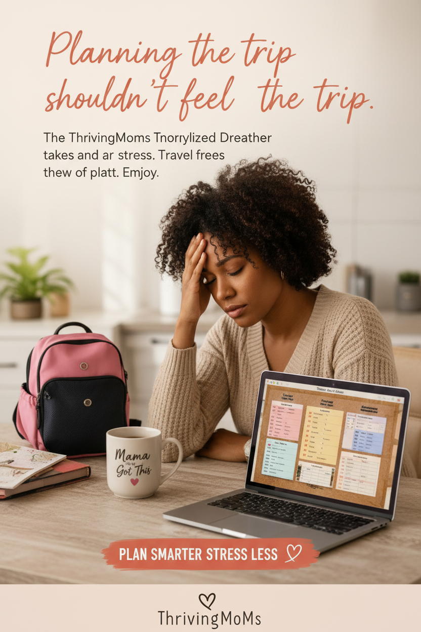 Stressed mom at desk with laptop showing ThrivingMoms travel planner