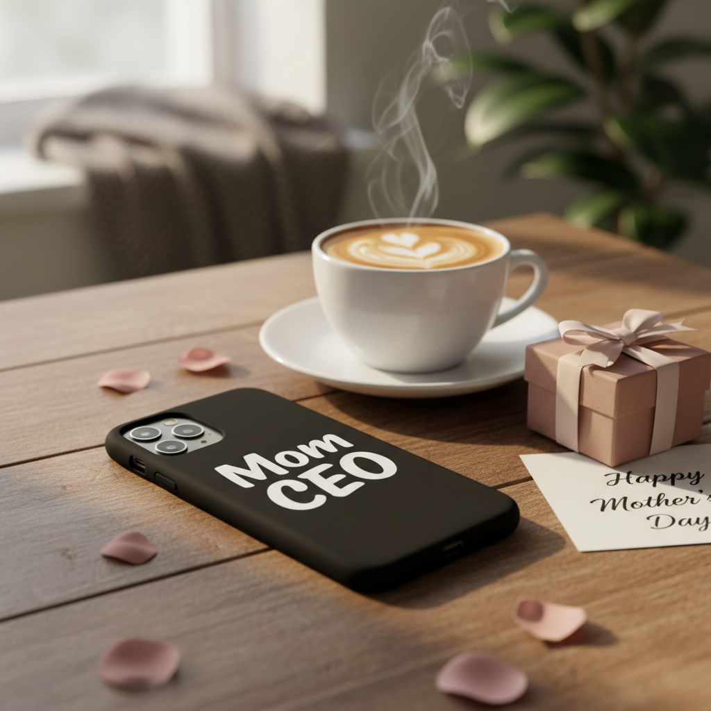 Mom CEO phone case next to latte and gift box on wooden table