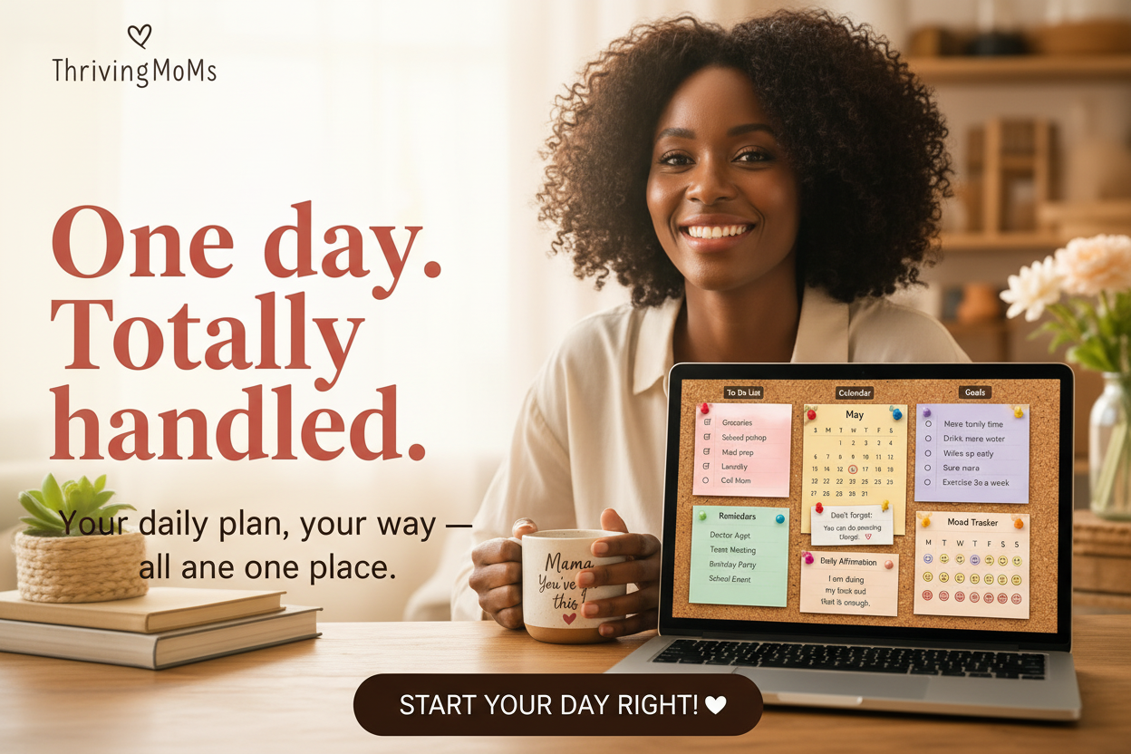 Mom at kitchen table with coffee and laptop showing cork board daily planner