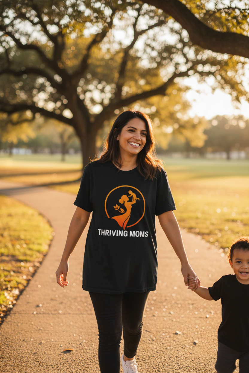 Thriving Moms T-Shirt in Black — mom walking in sunny park — ThrivingMoms
