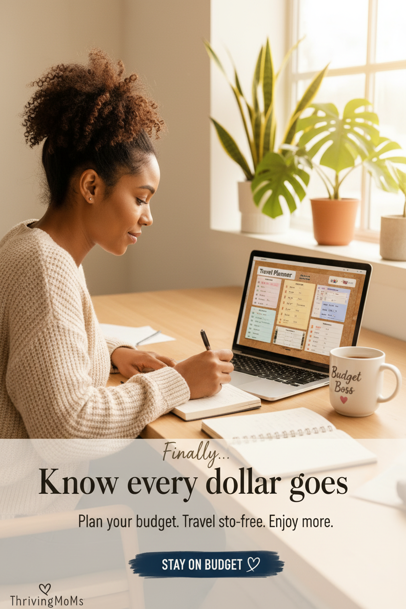 Mom at desk with Budget Boss mug and laptop showing travel planner budget tracker