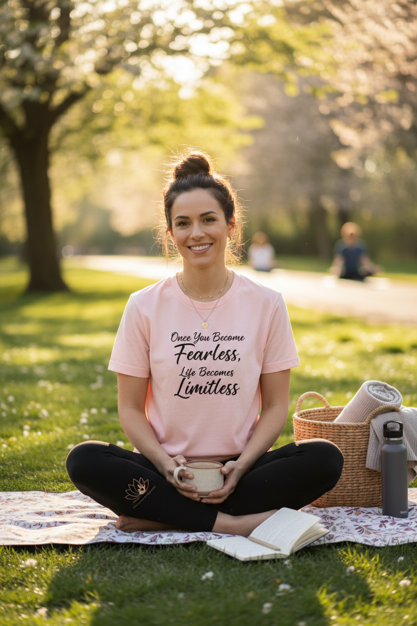 Fearless Limitless light pink t-shirt lifestyle outdoor yoga wellness