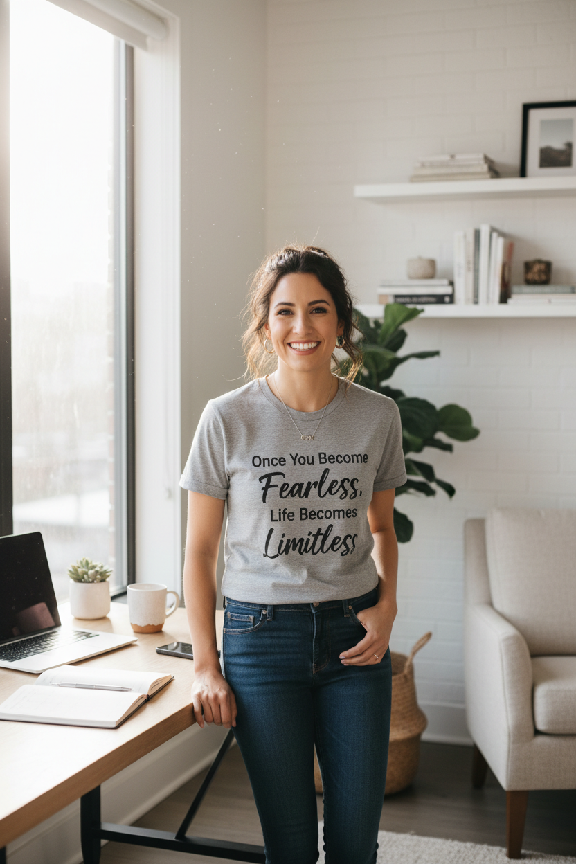 Fearless Limitless heather grey t-shirt lifestyle home office