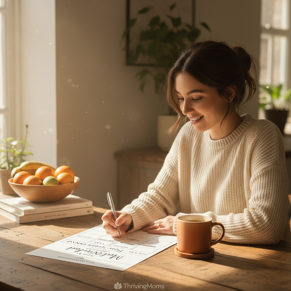 Mom sitting at kitchen table on Sunday morning filling out weekly reset planner with coffee and golden morning light