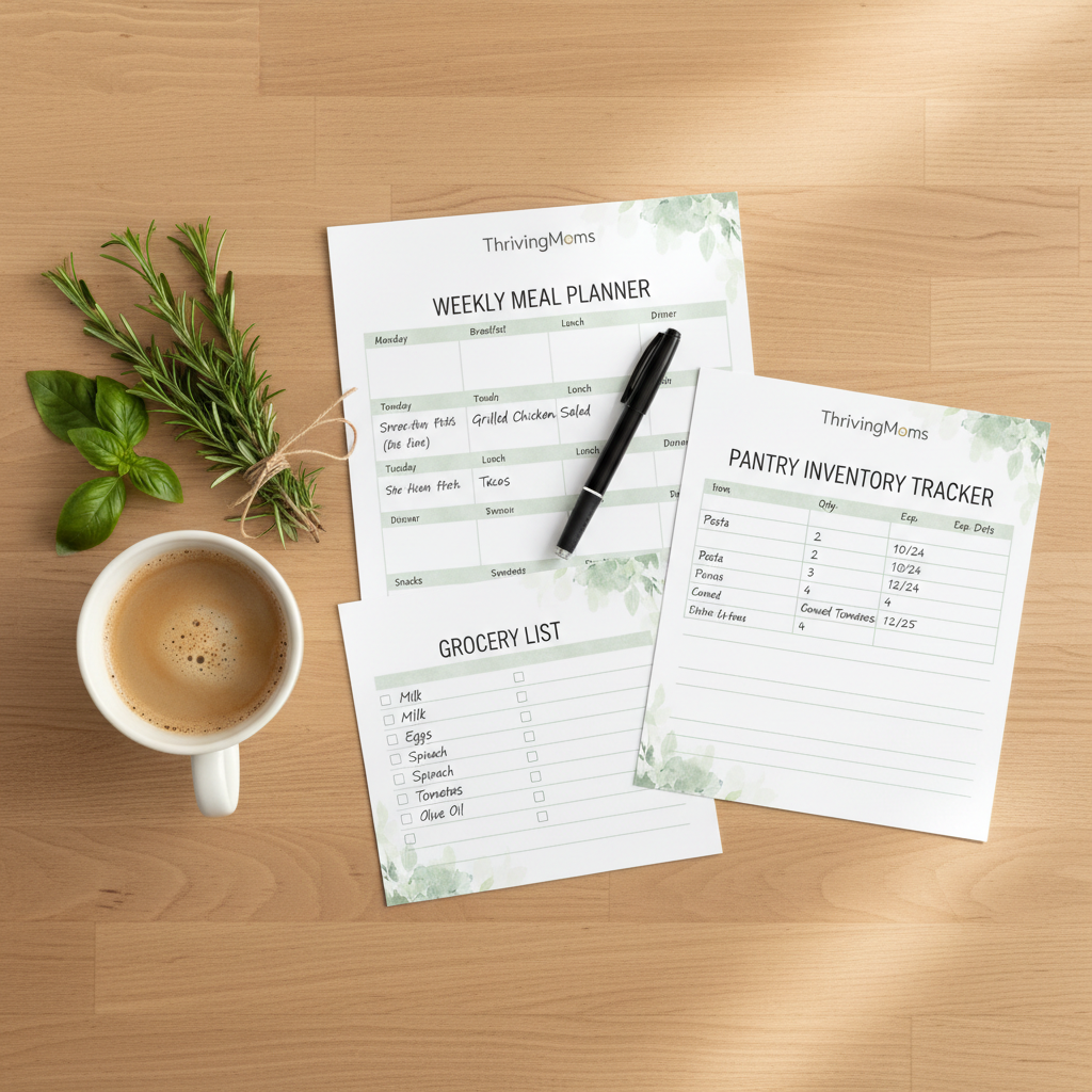 Flat lay of meal planning sheets, grocery list, and pantry inventory tracker with pen, coffee, and fresh herbs