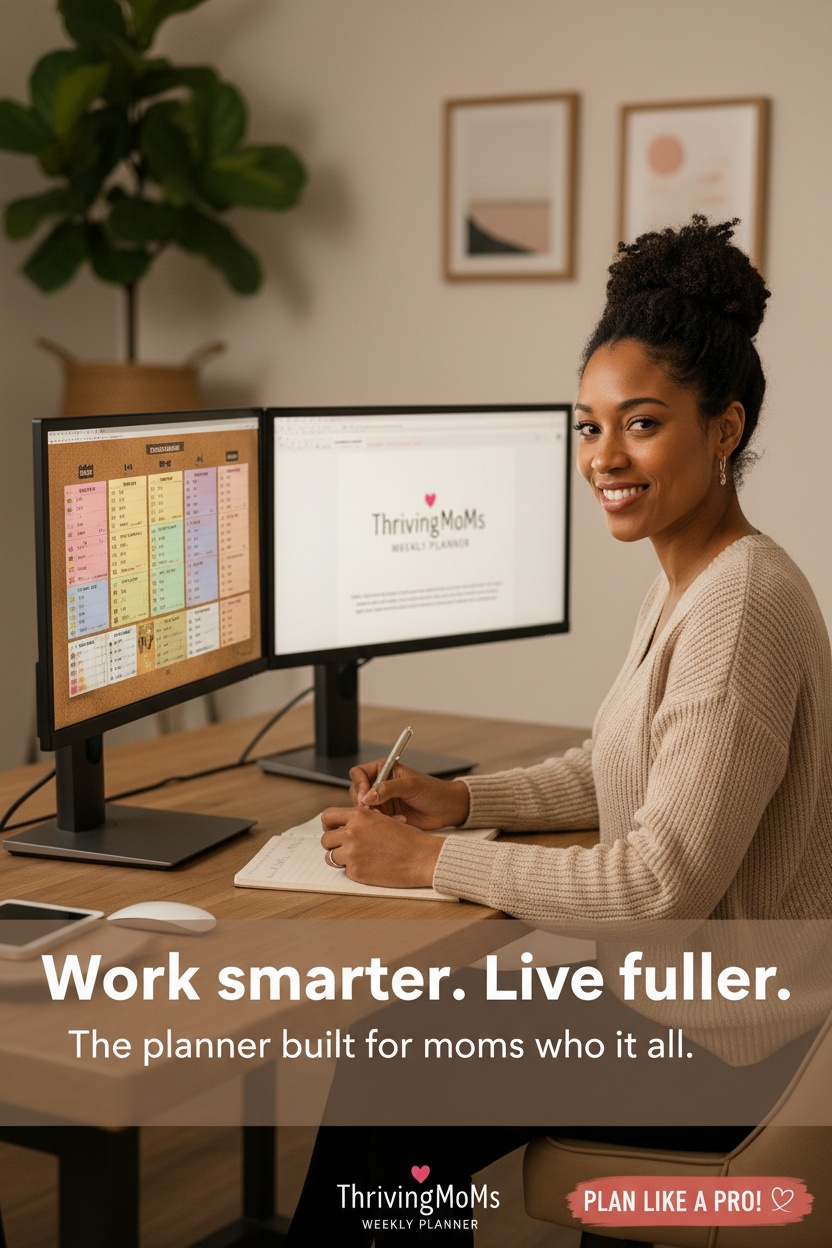 Mom at home office desk with screen showing cork board weekly planner