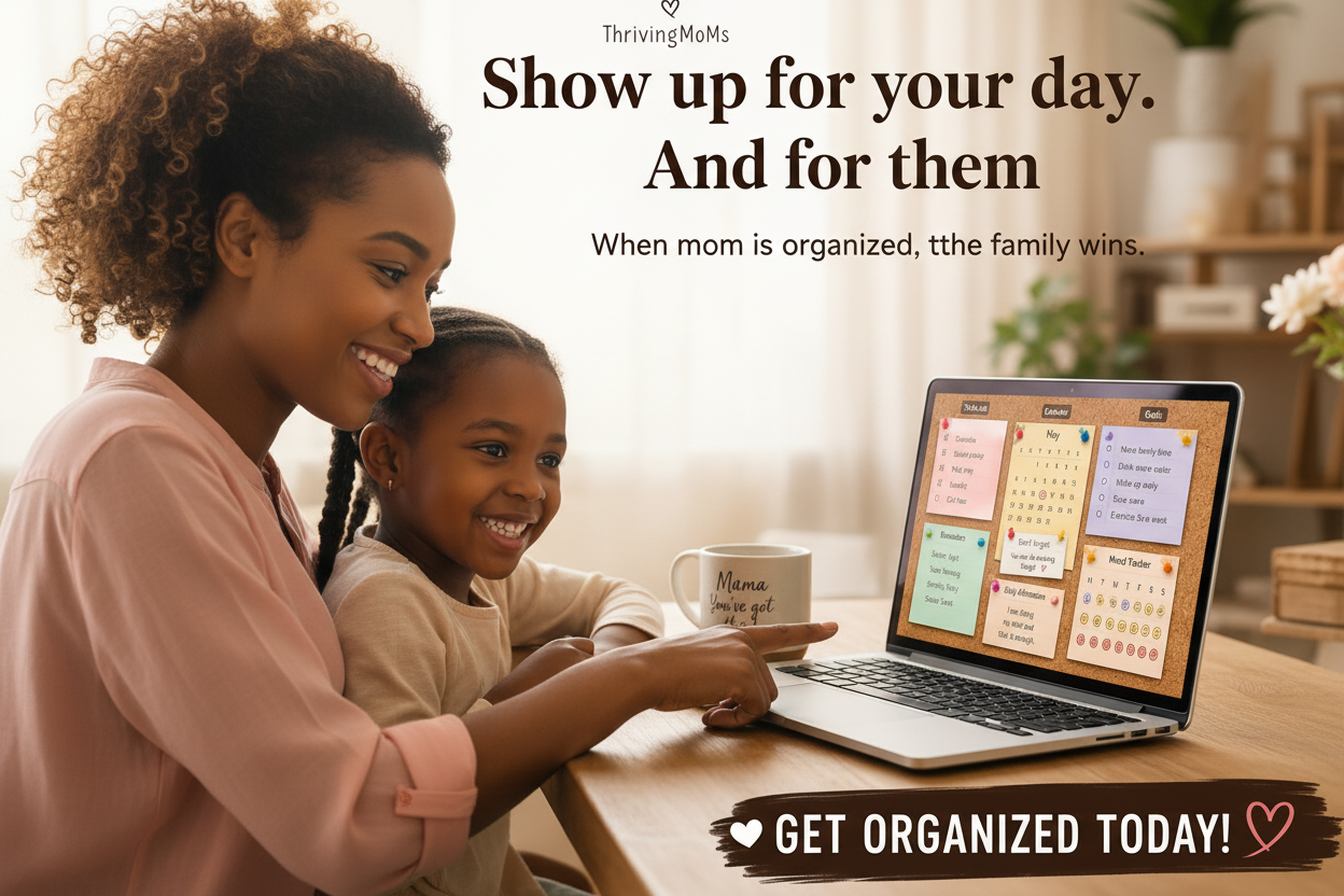 Mom and daughter at desk with laptop showing cork board daily planner
