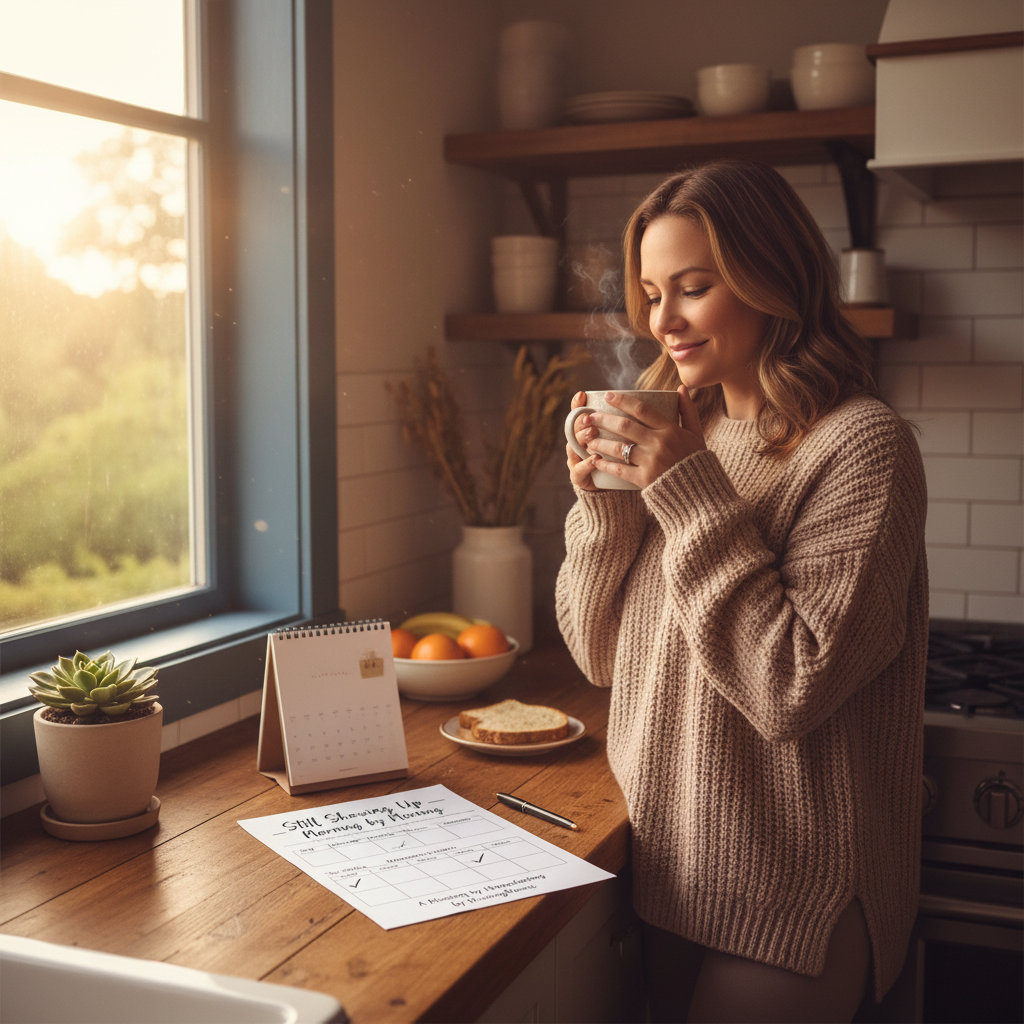 Mom in cozy kitchen holding coffee with morning routine worksheet on counter and golden sunrise light