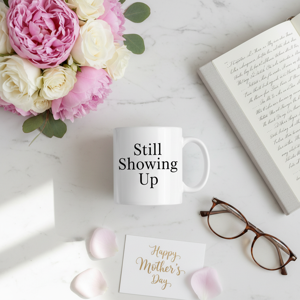 Still Showing Up mug on marble countertop with flowers, journal, and reading glasses
