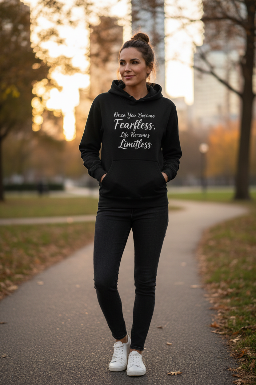Fearless Limitless black hoodie lifestyle city park golden hour