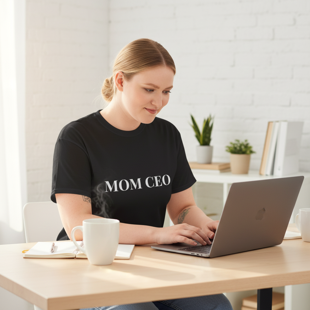 Woman wearing black Mom CEO t-shirt at home office desk with laptop and coffee